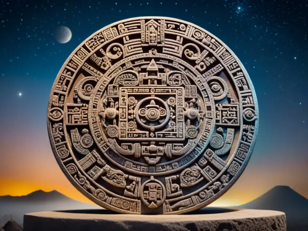 Detalle del calendario maya esculpido en piedra, una obra de arte que representa la Cosmología ancestral civilización maya