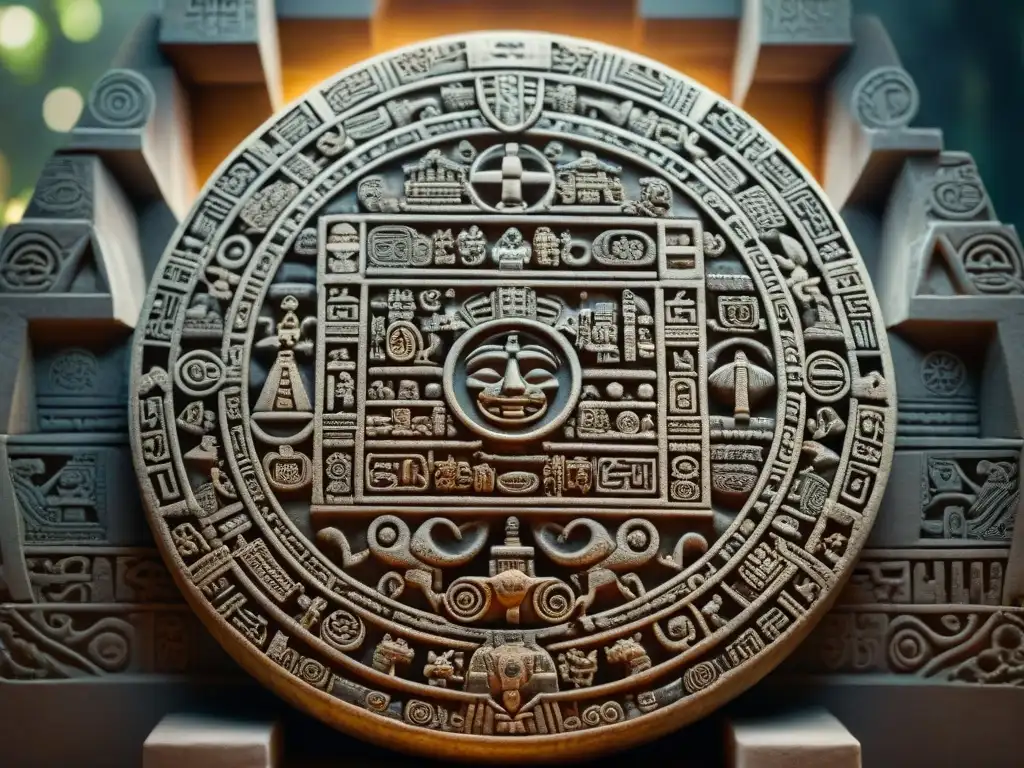 Detalle del calendario Maya: intrincadas figuras y símbolos representando ciclos temporales y eventos celestiales