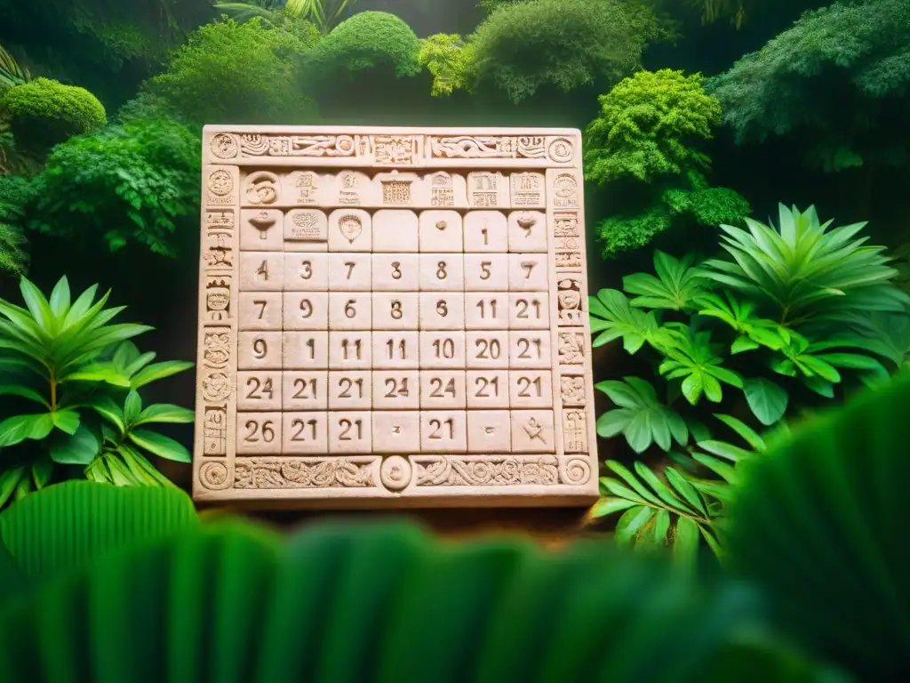 Detalle del calendario maya en piedra con jeroglíficos, en la selva