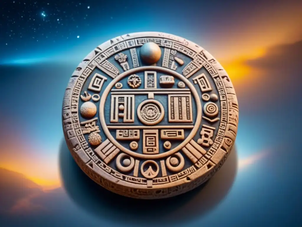 Detalle del Calendario Maya en piedra, con jeroglíficos tallados y símbolos astronómicos, sobre un cielo estrellado