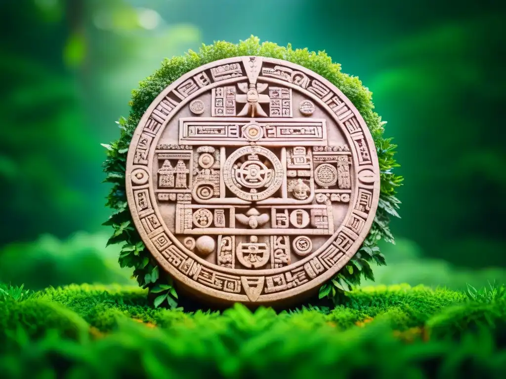 Detalle del calendario maya con símbolos de los números sagrados, en un entorno selvático iluminado por el sol