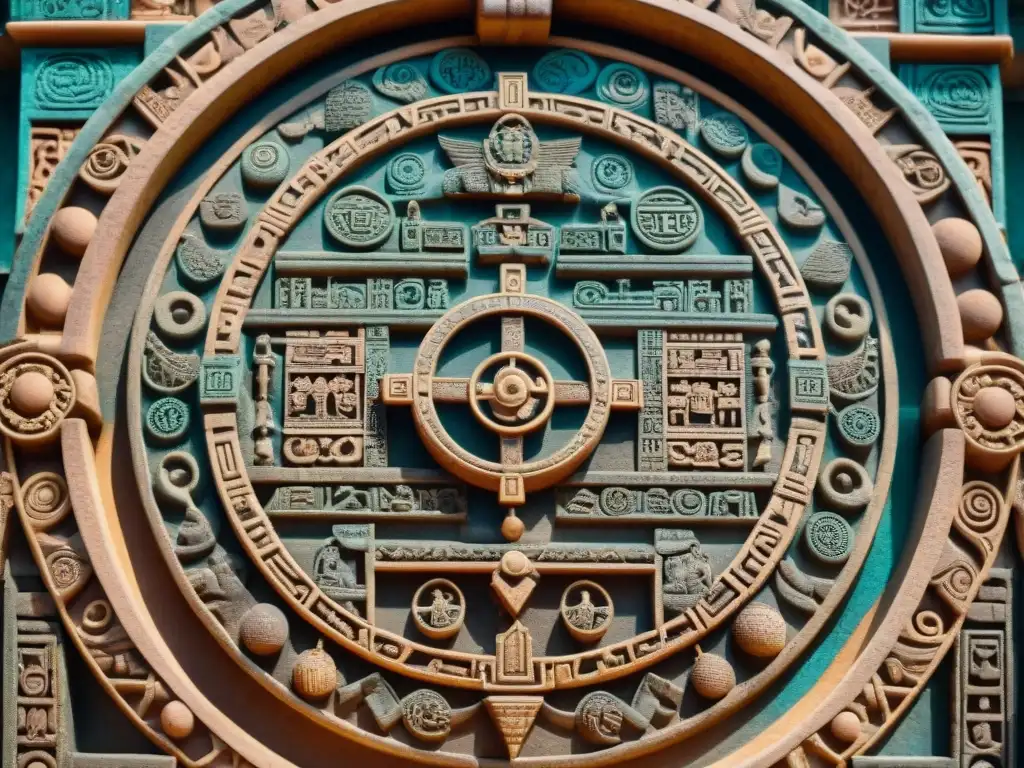 Detalle del calendario maya: símbolos celestiales y carvings que representan la gestión del tiempo con el calendario maya