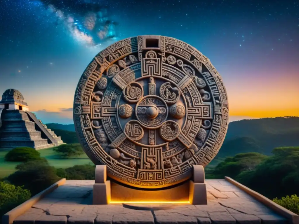 Detalle del Calendario maya con símbolos astronómicos en piedra, bajo un cielo estrellado