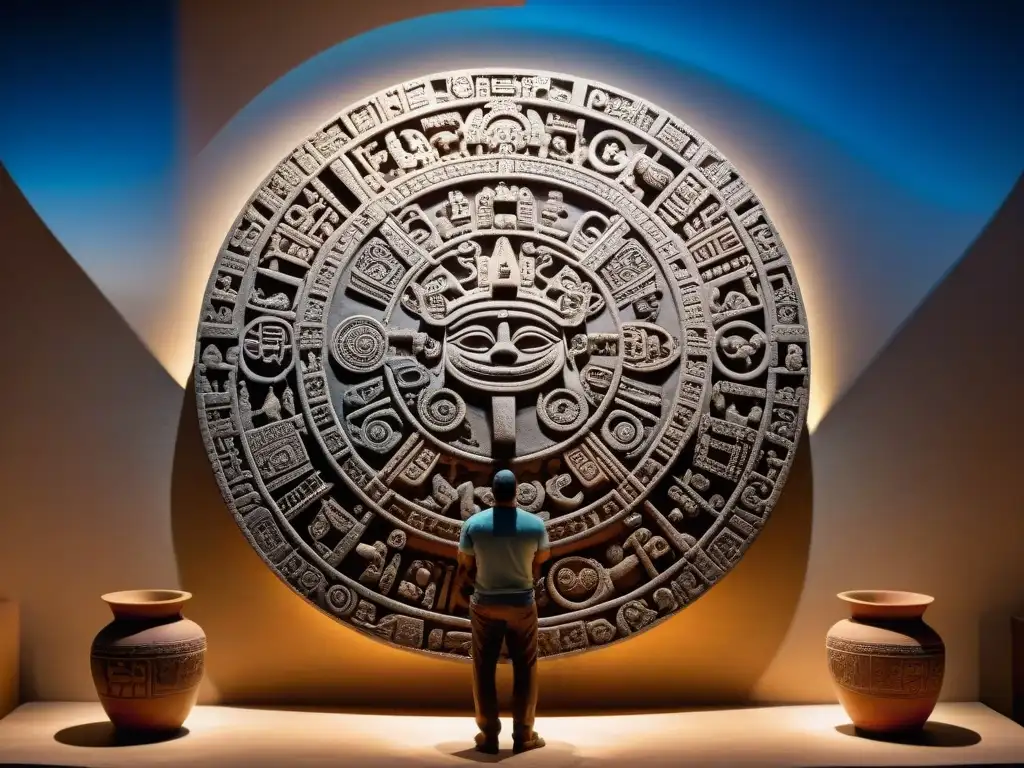 Detalle del calendario maya tallado en piedra iluminado por luz cálida, rodeado de artefactos antiguos