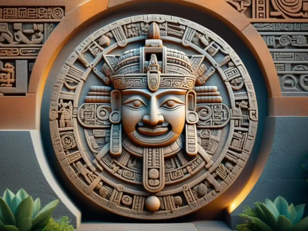 Detalle del calendario maya tallado en piedra, reflejando la precisión y complejidad de la civilización maya