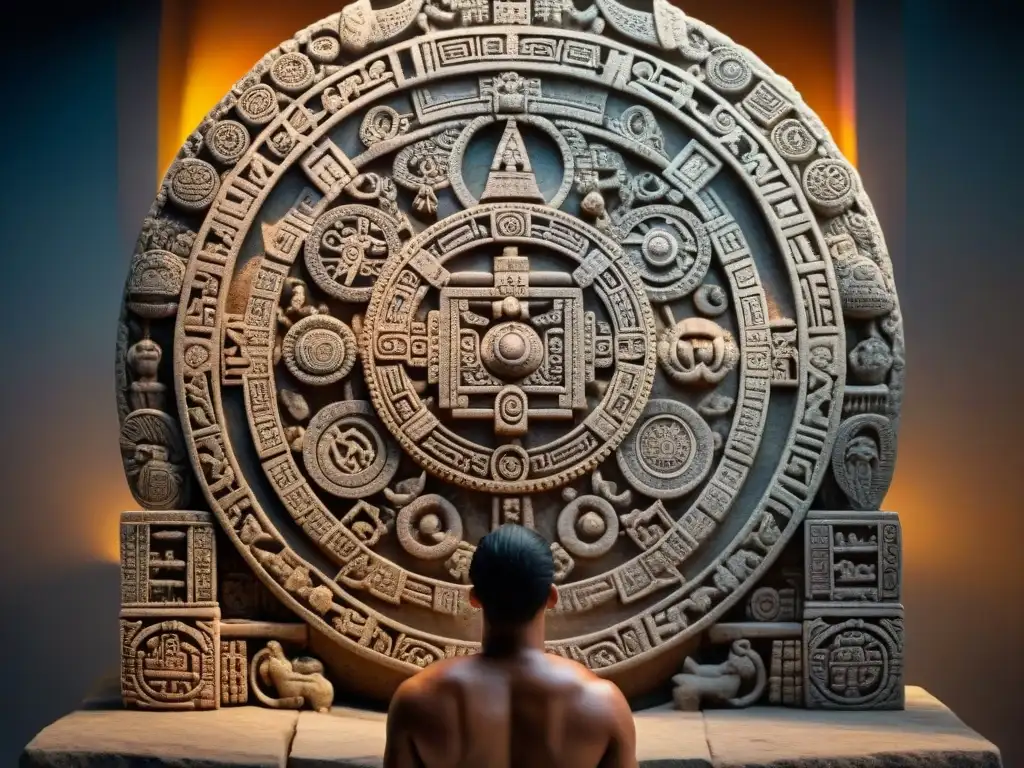 Detalle del calendario maya tallado con precisión, símbolos intrincados iluminados por luz natural