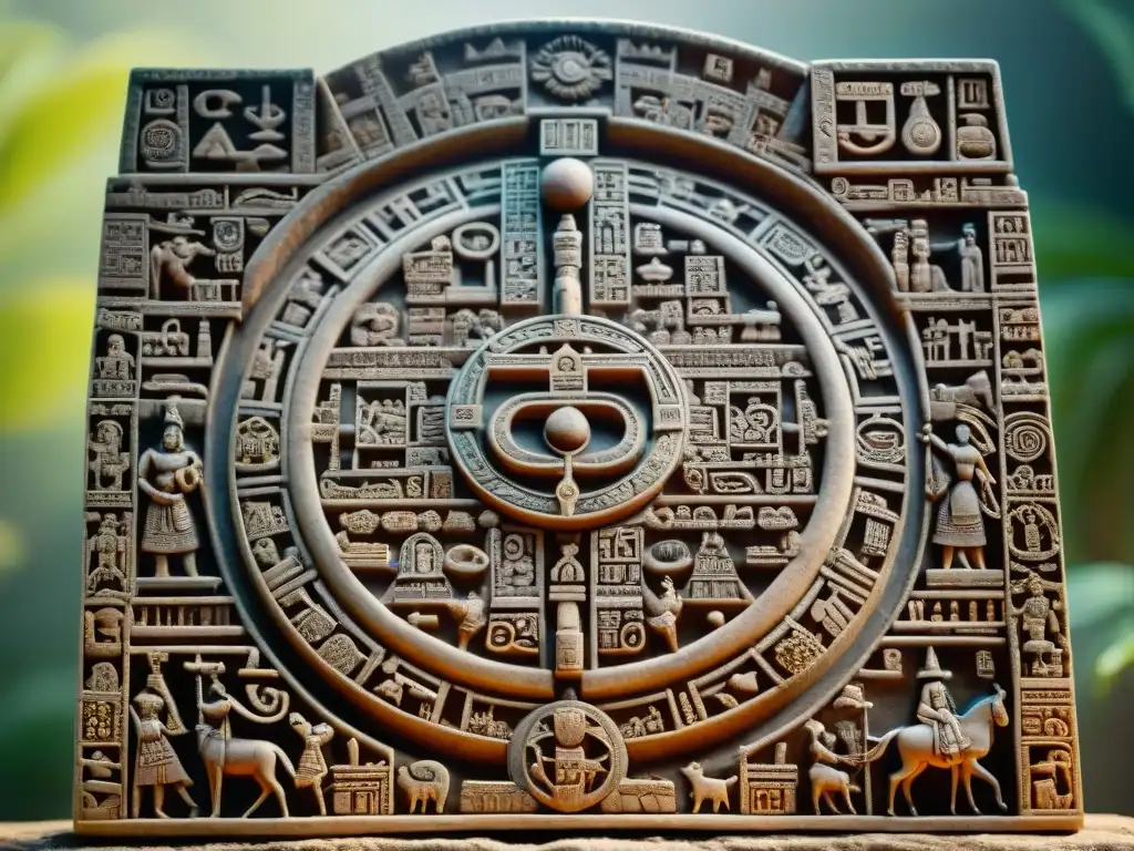 Detalle del Calendario Maya: vida cotidiana plasmada en complejos símbolos tallados en piedra, iluminados por un rayo de sol