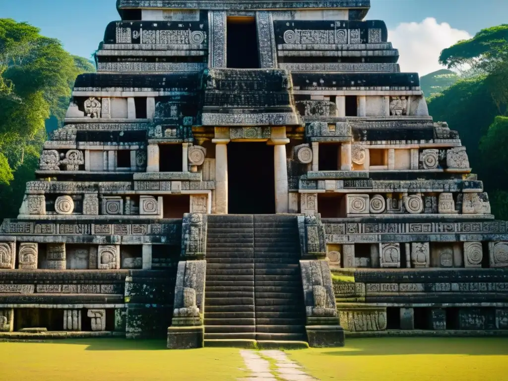 Detalle celestial y arquitectónico del Templo de las Siete Muñecas en Dzibilchaltún, resaltando el significado astronómico de las edificaciones mayas