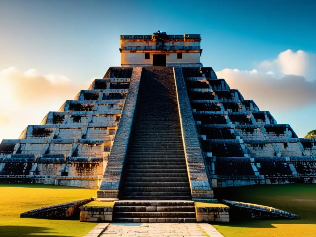 Detalle celestial: El Castillo en Chichen Itza, conexión celestial arquitectura maya