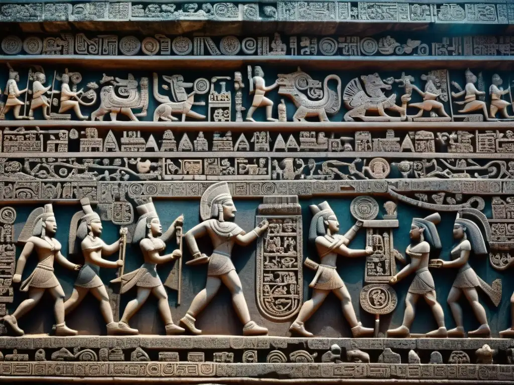 Detalle celestial del dintel del Templo de las Inscripciones en Palenque, México, destacando la importancia de la astronomía en arquitectura maya