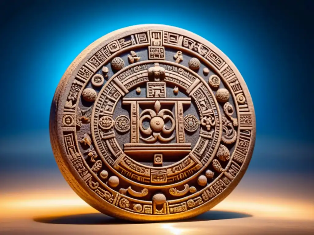 Detalle celestial de la piedra del calendario maya iluminada por luz, en conexión con la astrología en la Matemática Maya