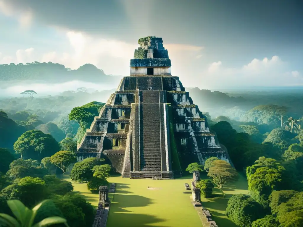 Detalle 3D de la ciudad maya de Tikal en app realidad aumentada, con templos de piedra y exuberante vegetación