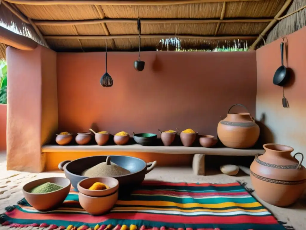 Detalle de una cocina maya tradicional con utensilios de madera tallados, ollas de barro y ingredientes coloridos en una mesa tejida a mano