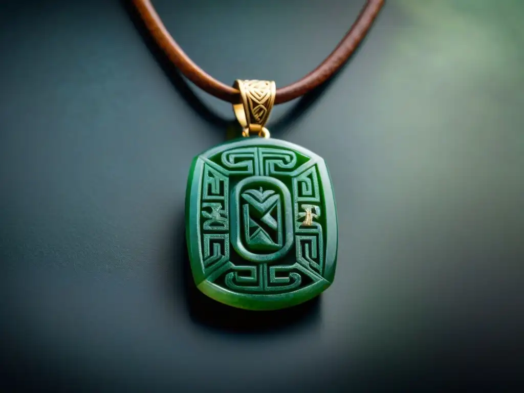 Detalle de un colgante de jade maya con símbolos culturales, resaltando el impacto de las joyas mayas en la sociedad