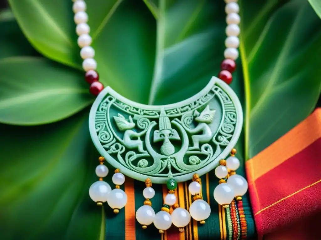 Detalle de collar ceremonial Maya de jade con símbolos y figuras, en telas tradicionales y exuberante follaje