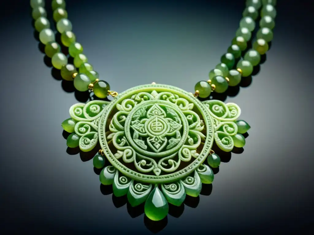 Detalle de un collar de jade inspirado en la cultura maya, con tallados intrincados y tonos verdes vibrantes sobre fondo oscuro