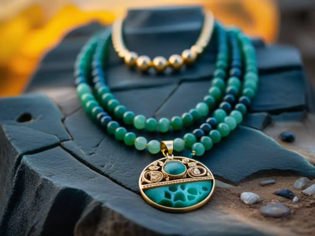 Detalle de un collar de jade maya con adornos simbólicos y gemas preciosas sobre ruinas, conectando vida, muerte y significado maya