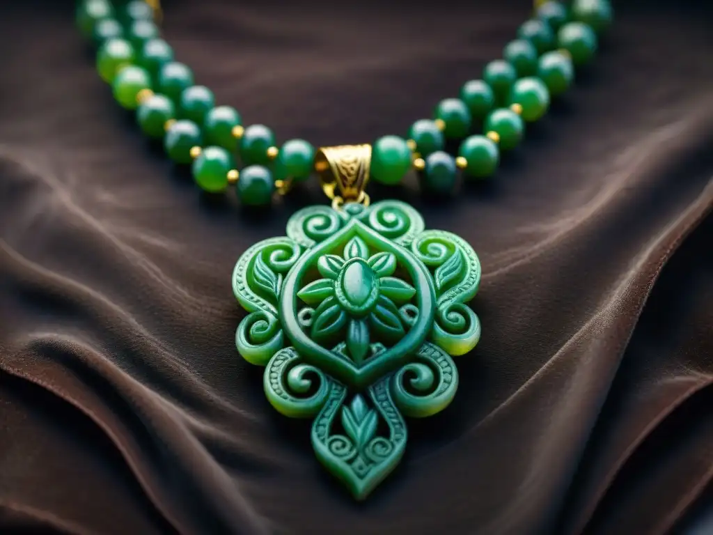 Detalle de collar de jade maya con significado cultural y artesanía detallada en vibrantes tonos verdes sobre terciopelo oscuro