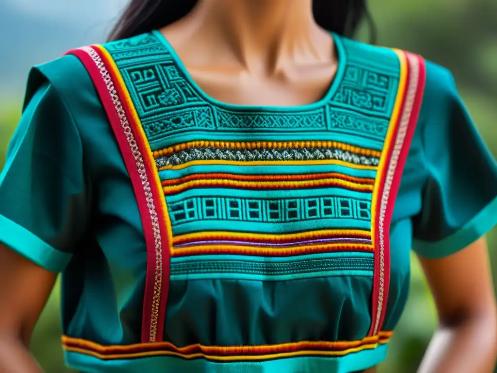 Detalle colorido y artesanal de un huipil maya