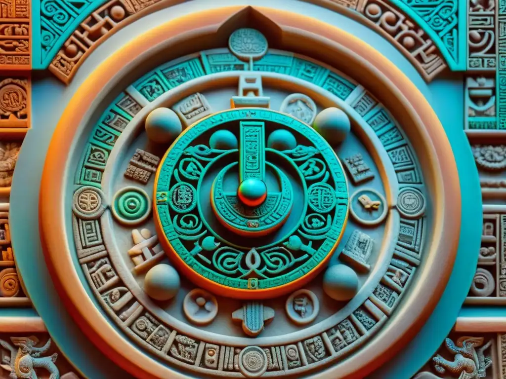 Detalle colorido del Calendario Maya, con intrincados glifos y símbolos que representan el ciclo del tiempo y eventos celestiales