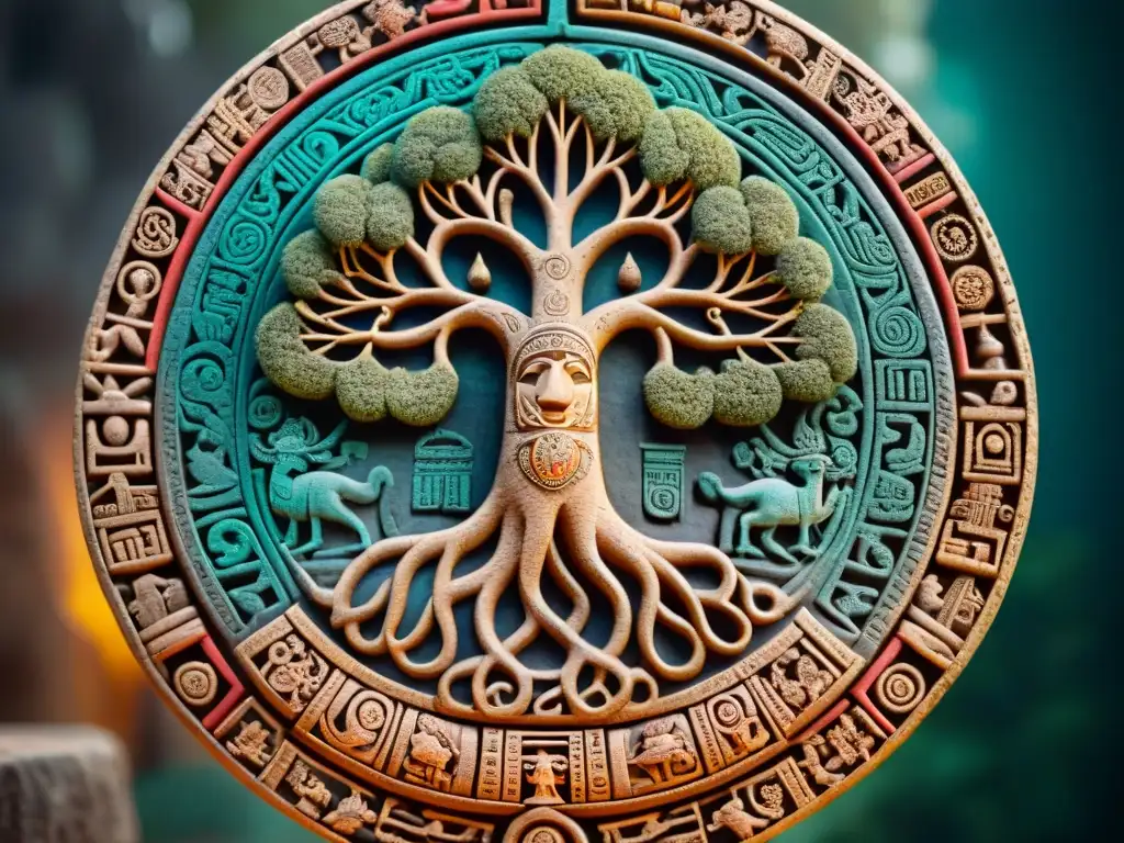 Detalle colorido de tallado maya del Árbol Mundo, mostrando símbolos celestiales y criaturas míticas