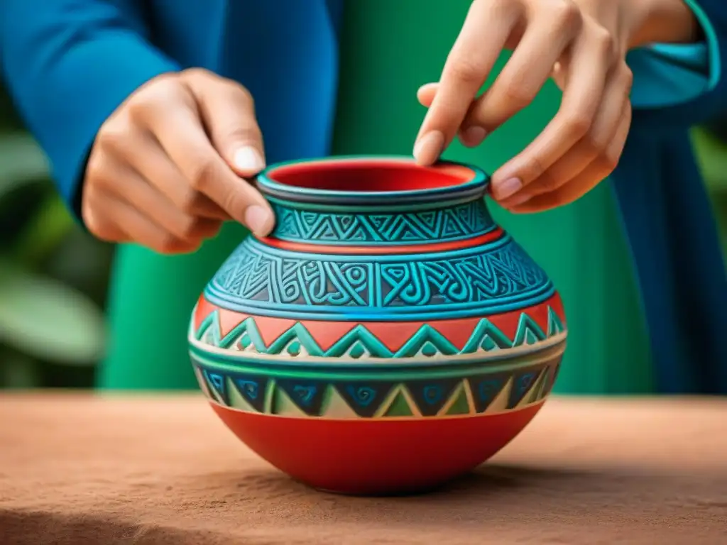 Detalle colorido de vaso maya con patrones geométricos: Uso del color en cerámica maya