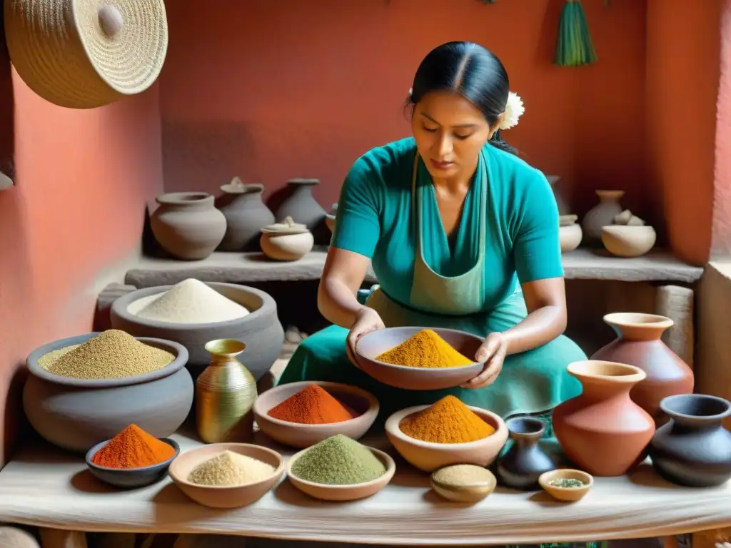 Detalle de condimentos cocina maya tradicionales en cocina rústica, resaltando colores y texturas vibrantes