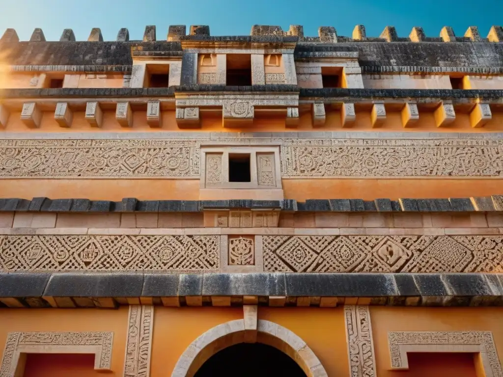 Detalle de las construcciones mayas, enseñanzas del cosmos y sociedad en el Palacio del Gobernador en Uxmal al atardecer