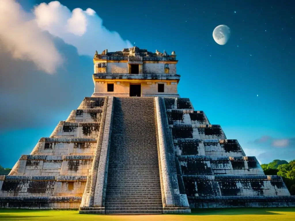 Detalle de la cosmovisión astronómica de la civilización maya en Chichén Itzá con El Castillo y cielo estrellado