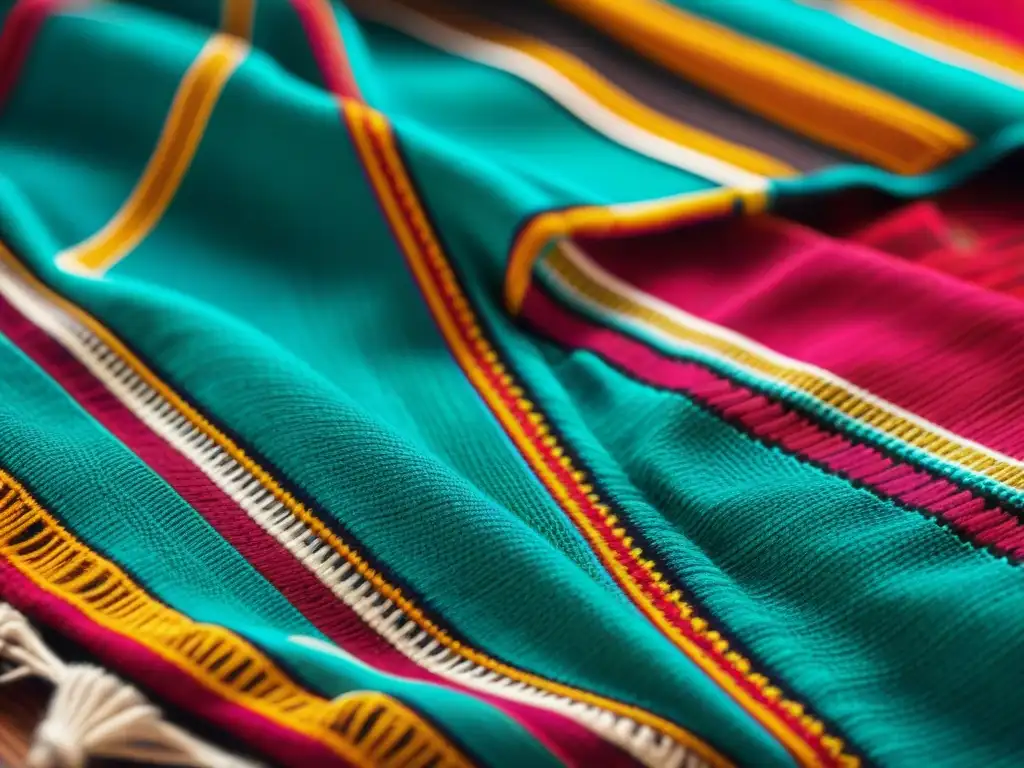 Detalle de la creación textil en civilización maya: intrincados diseños geométricos y colores vibrantes en un tejido de alta calidad