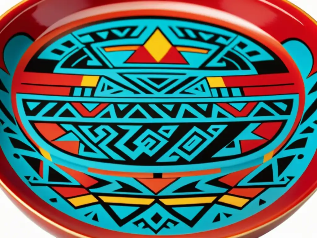 Detalle de cuenco cerámico maya con formas y símbolos vibrantes en rojo, azul y amarillo, revelando el significado de las formas cerámica maya