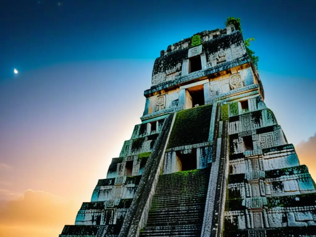 Detalle de los dioses pilares del universo maya en el templo de Tikal bajo la noche estrellada