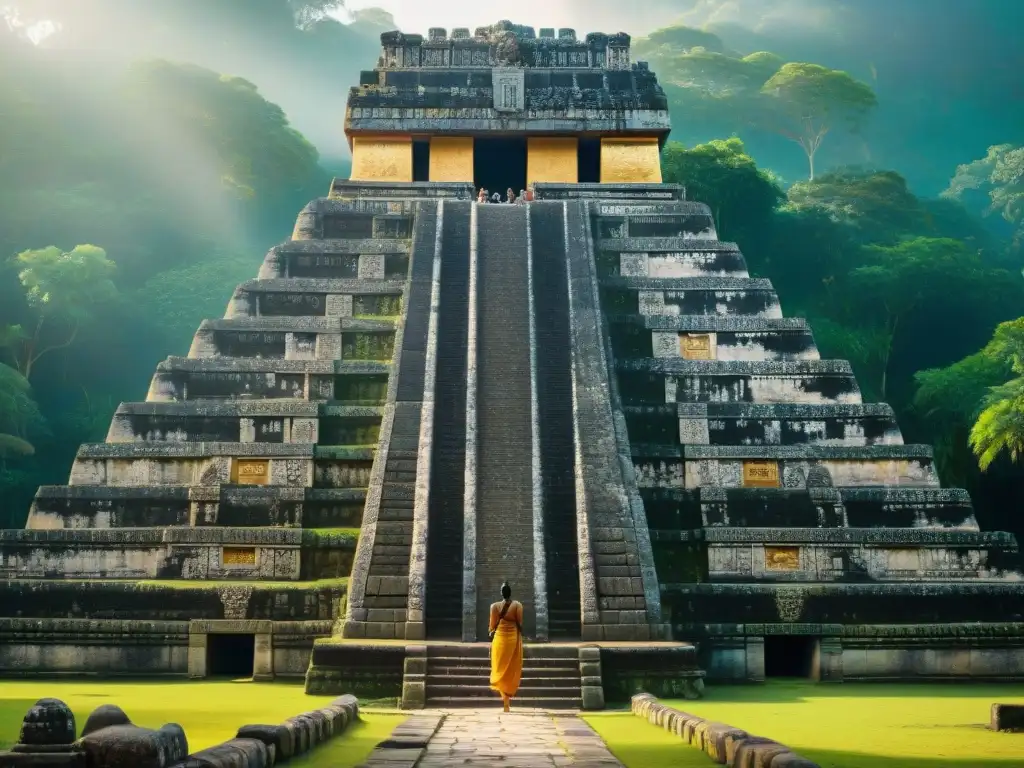 Detalle dorado: templo maya con símbolos hidráulicos y hieroglíficos, bañado por la luz del sol