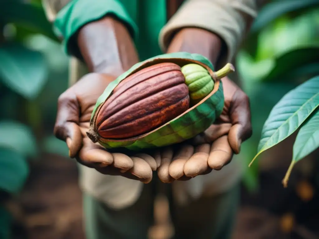 Detalle emocionante de un cacao sagrado en manos de un agricultor maya, con texturas ricas y tonos terrosos