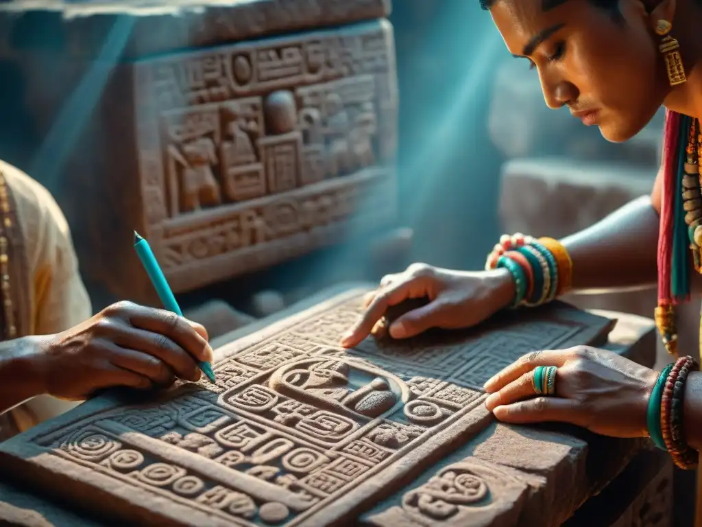 Detalle de un escriba maya tallando jeroglíficos en una tableta de piedra, destacando la enseñanza escritura en civilización maya