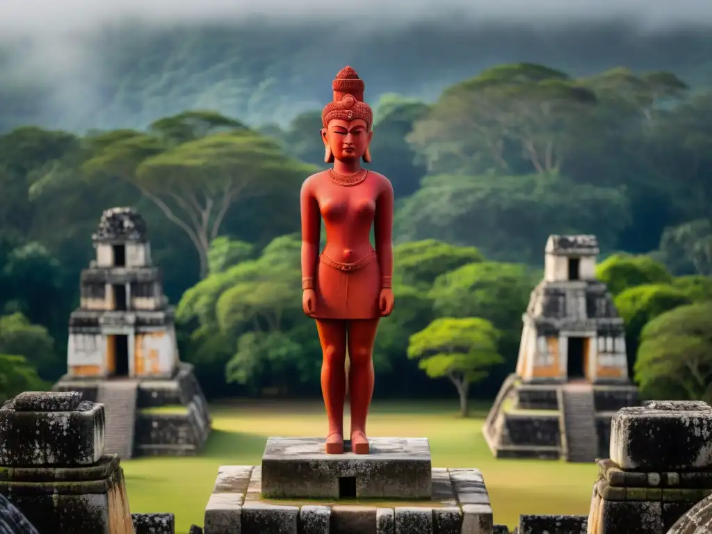 Detalle de la escultura 'La dama de rojo Chichén' en Chichén Itzá, entre la selva de Yucatán