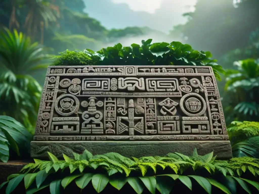 Detalle de escultura maya en piedra con jeroglíficos y símbolos, rodeada de vegetación exuberante