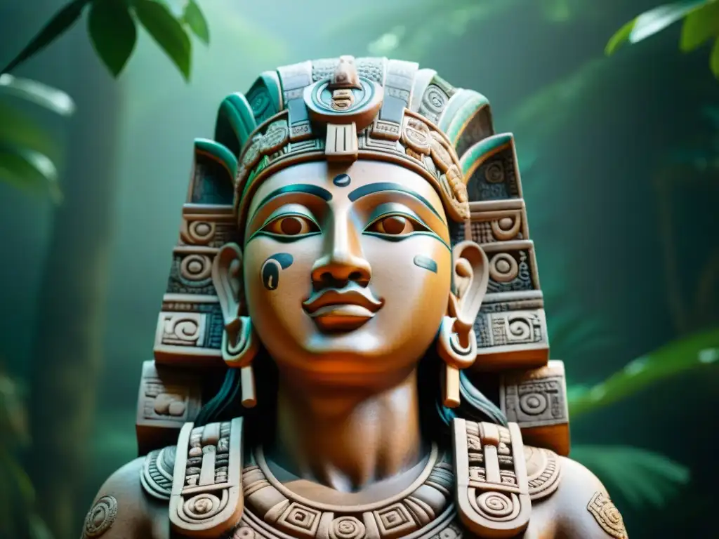 Detalle de escultura maya con técnicas olmecas, rostro de deidad con motivos simbólicos y expresión serena