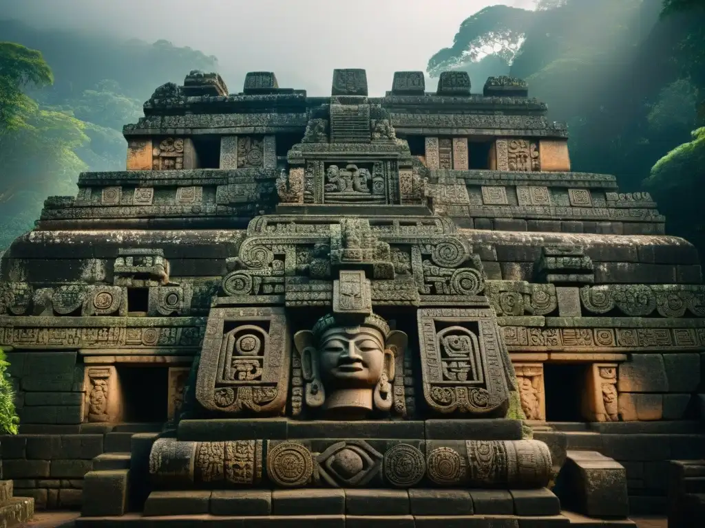 Detalle de escultura en piedra maya en Copán, Honduras, con intrincadas figuras y jeroglíficos