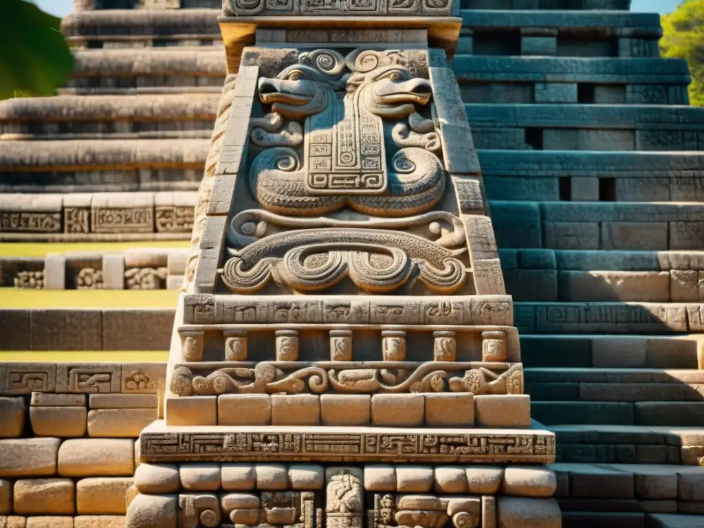 Detalle de escultura de piedra de Quetzalcóatl en panteón maya: serpiente en Chichén Itzá