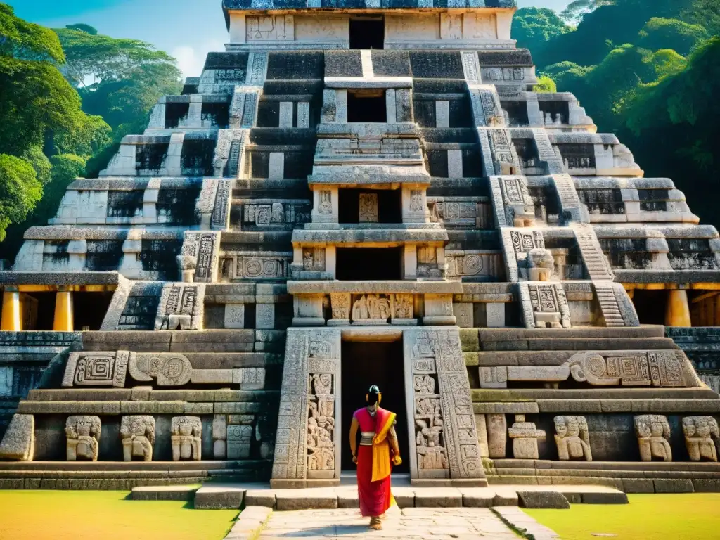 Detalle de las esculturas en piedra del Templo de las Inscripciones en Palenque, México, resaltando el significado de portales en ciudades mayas