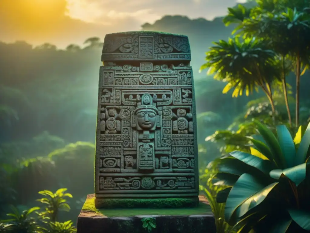 Detalle de estela maya iluminada por el sol, revelando significado glifos mayas educación en un entorno misterioso y cultural