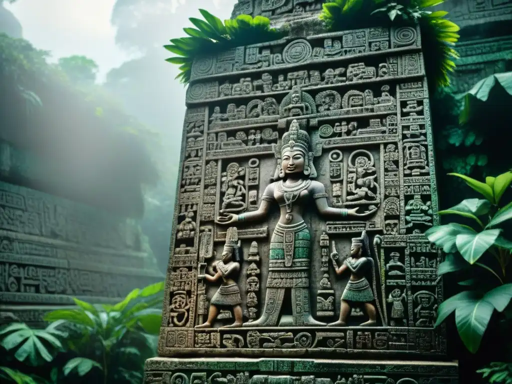 Detalle de estela maya iluminada por el sol en la selva