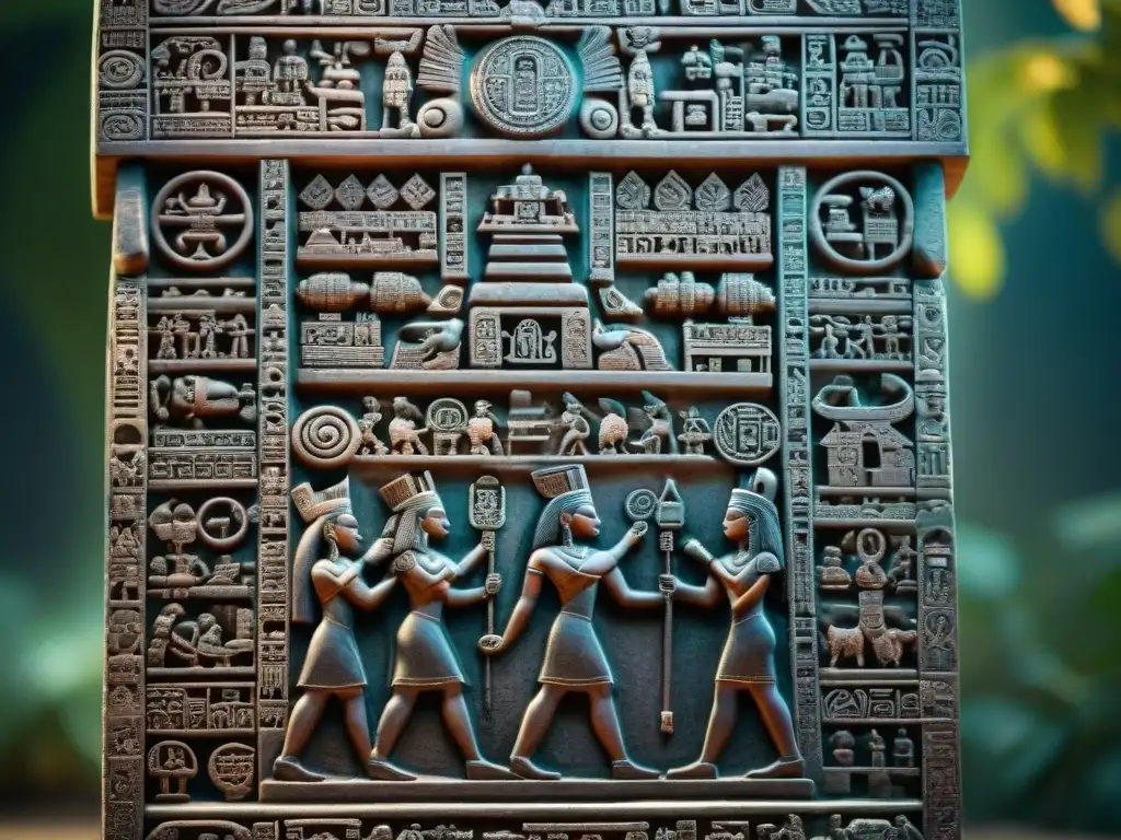 Detalle de una estela maya con intrincados jeroglíficos iluminados por el sol, invitando a la decodificación escritura jeroglífica maya