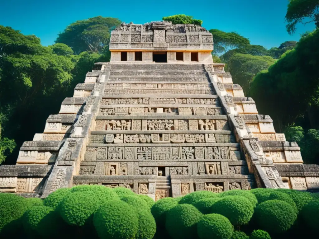 Detalle de estela maya con jeroglíficos y figuras en ritual