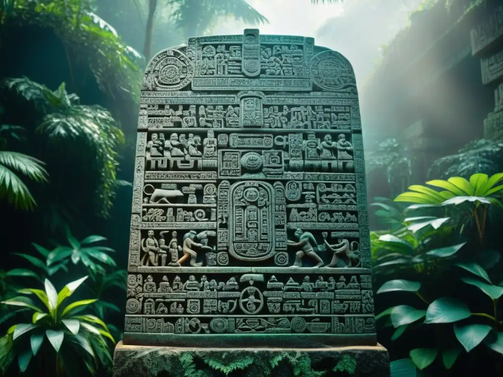 Detalle de estela maya con jeroglíficos intrincados en la jungla, invitando a la decodificación escritura jeroglífica maya