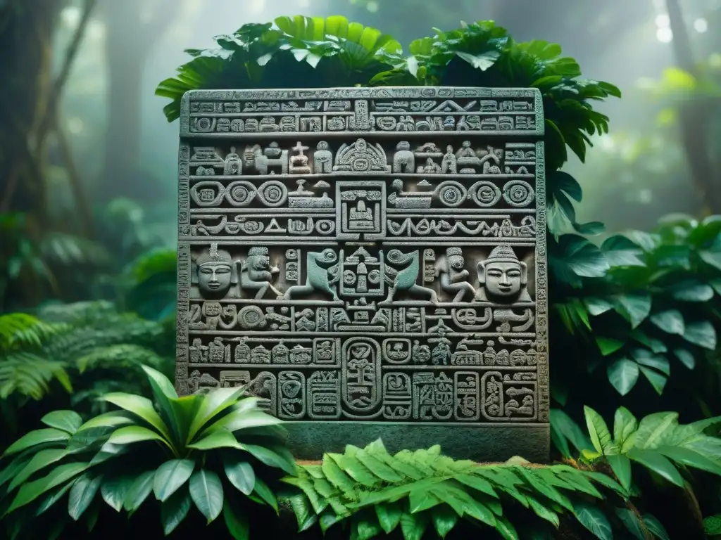 Detalle de estela maya en la jungla, resaltando el significado glifos escritura maya