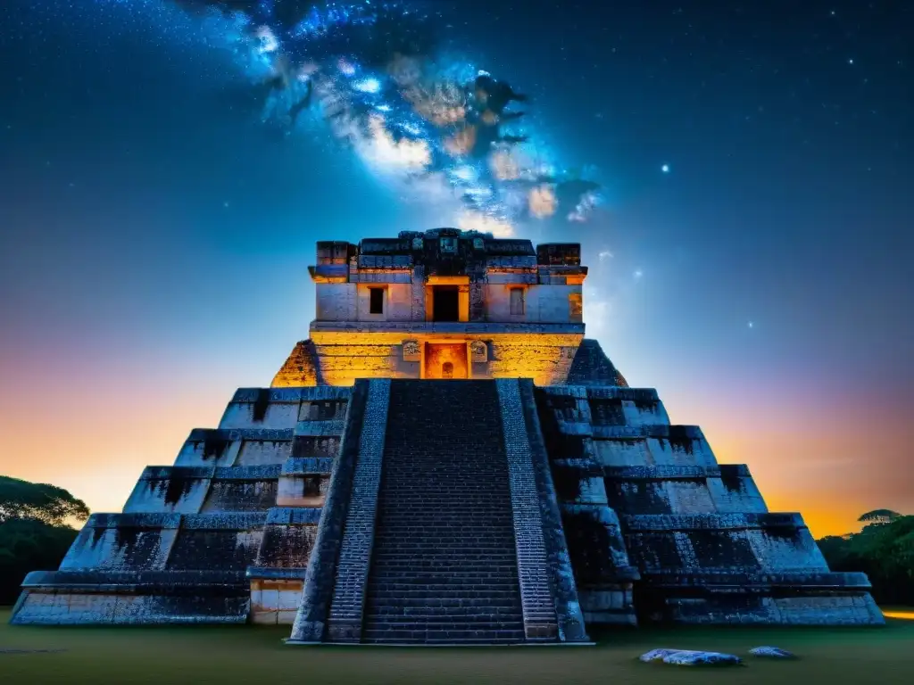 Detalle estelar en la observatorio maya de Chichén Itzá, con símbolos astronómicos y cielo nocturno