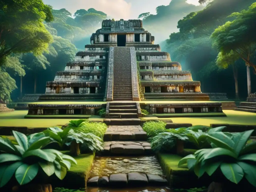 Detalles mayas: deidades acuáticas y canales de riego Detalle de estructura hidráulica maya rodeada de vegetación exuberante y un aura de misterio