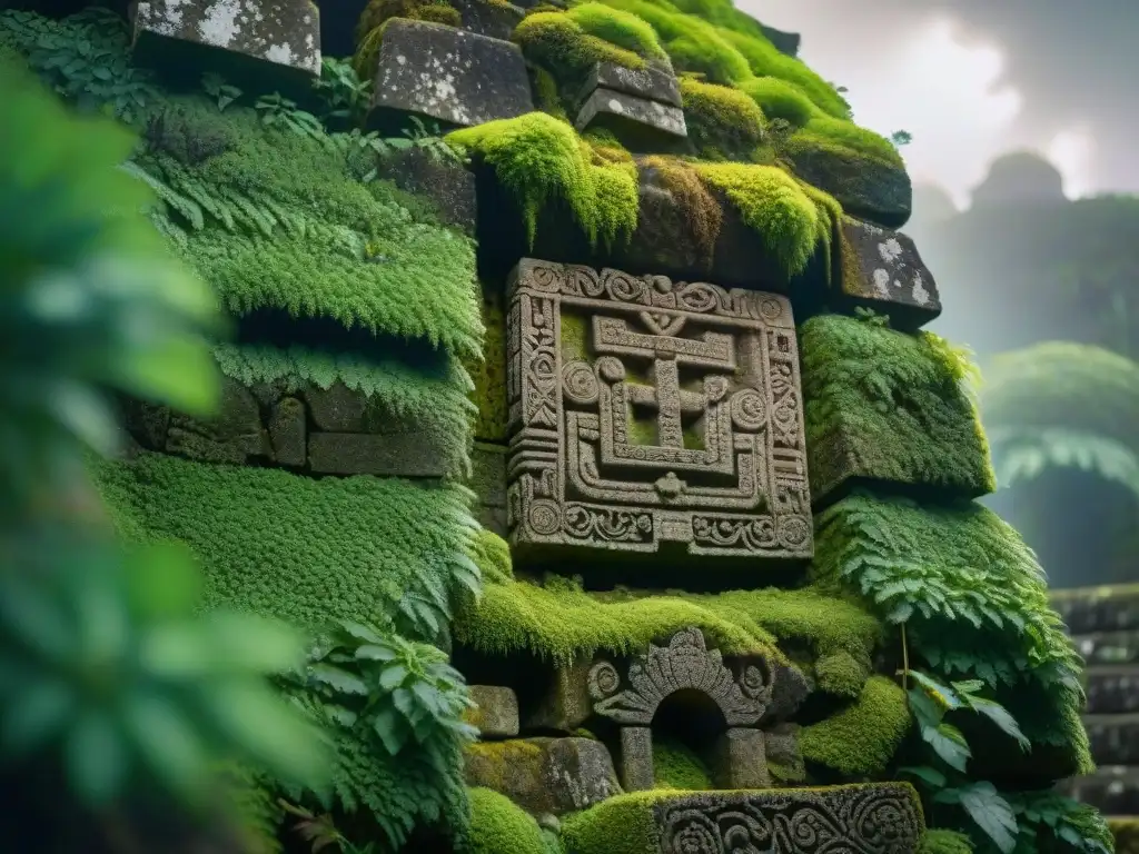 Detalle de estructura de piedra Maya con musgo, plantas y glifos